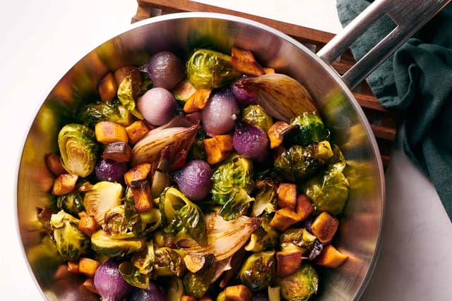Roasted Brussels Sprouts and Onions with Mushroom Lardons