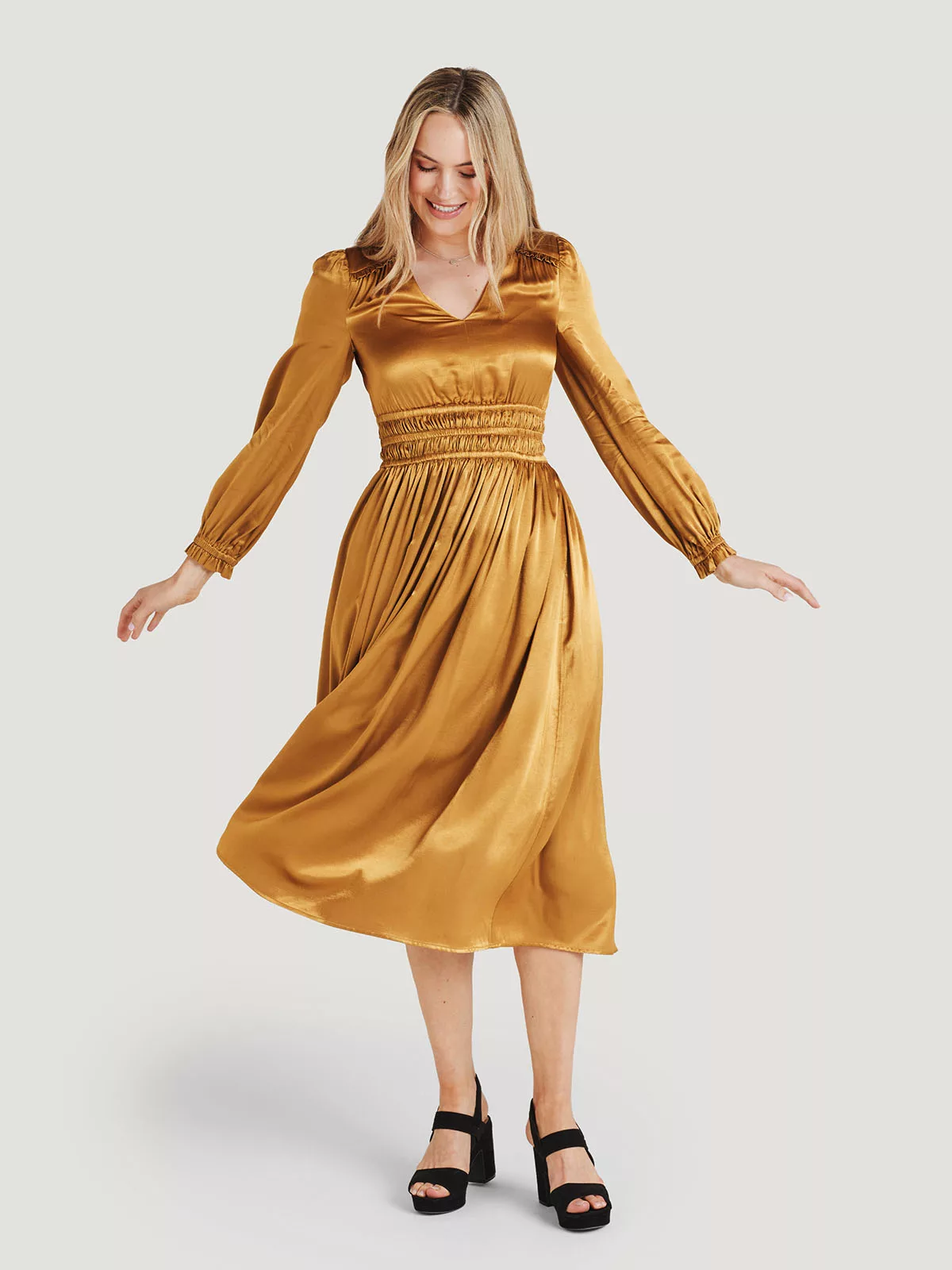 WWD7165 Juanita Lenzing EcoVero Satin Dress in gold 6 jpg